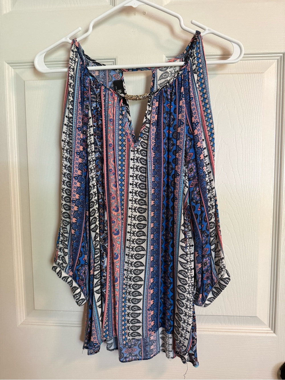 I.N. San Francisco Striped Paisley Cold-Shoulder Tunic in Blue & Pink